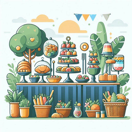 Vector illustration of a fruit market with fruits and vegetables in cartoon styleのイラスト素材