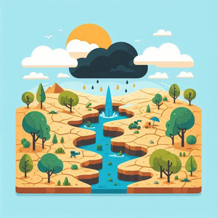 Flat isometric landscape with river, trees and clouds. Vector illustrationのイラスト素材