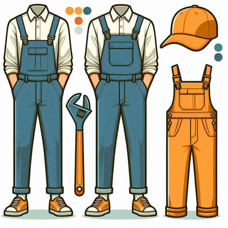 Set of workers in overalls and helmet. Vector illustration in cartoon style.のイラスト素材