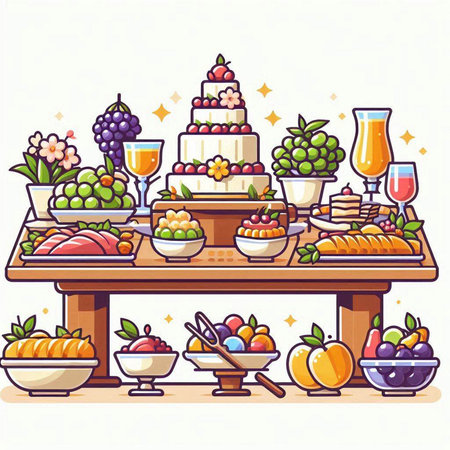 Catering table with food. Vector illustration in cartoon style.のイラスト素材