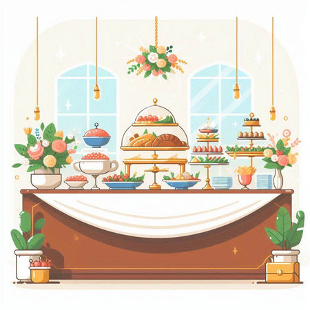 Catering service. Table with sweets and cakes. Vector illustrationのイラスト素材