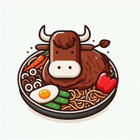 Illustration of a cow eating ramen noodles with vegetables and eggのイラスト素材