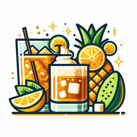Cocktail with orange, pineapple and ice. Vector illustration.のイラスト素材