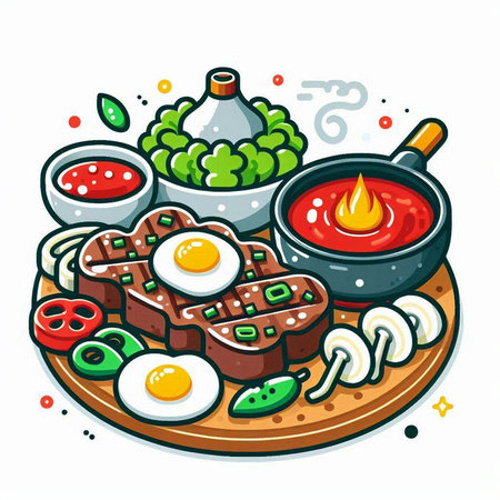 Korean food, fried eggs and vegetables on a plate, vector illustrationのイラスト素材