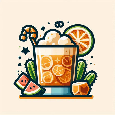 Cocktail with orange, watermelon and ice cubes. Vector illustrationのイラスト素材