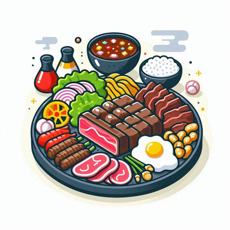 Sukiyaki japanese food vector illustration. Sashimi, shabu, sashimi, sukiyaki, kimchi, hot potのイラスト素材