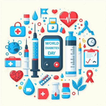 Vector illustration of World Diabetes Day. Medical icons in circle shape.のイラスト素材