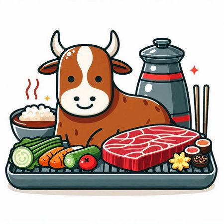 Illustration of a Cute Cow Eating Sushi and Vegetablesのイラスト素材