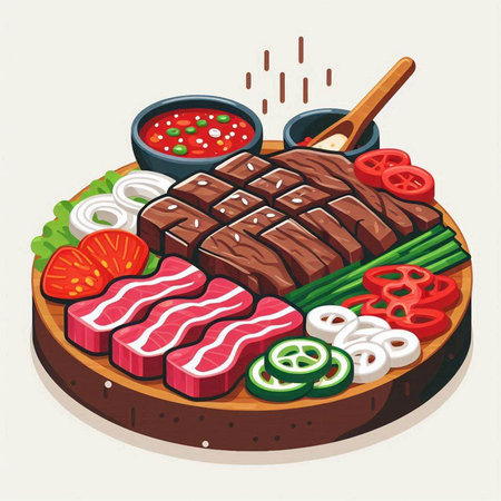 Steak with vegetables and sauce on a wooden board. Vector illustrationのイラスト素材