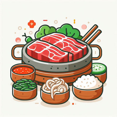 Illustration of a hot pot with beef, rice and vegetables.のイラスト素材