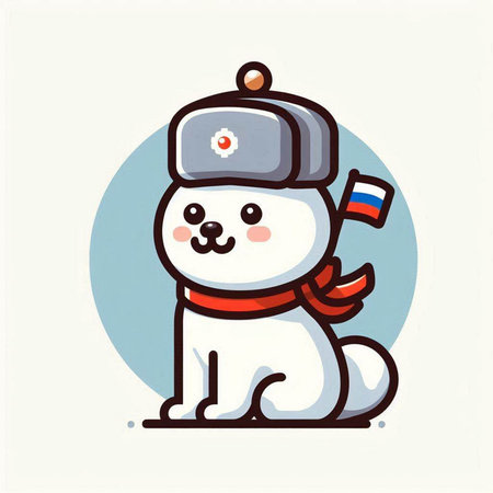 Vector illustration of a cute white dog in a hat and scarf with a flagのイラスト素材