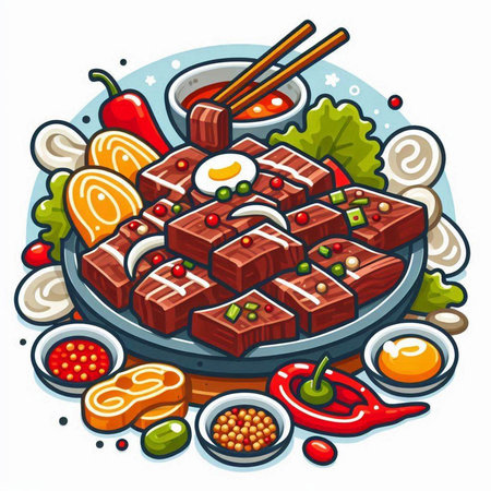 Korean food, beef and vegetables in a frying pan, vector illustrationのイラスト素材
