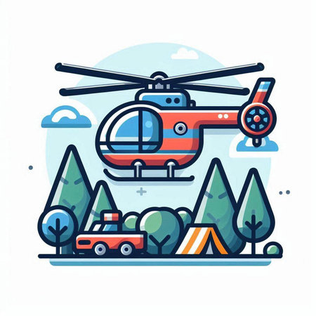 Helicopter in the forest. Flat design. Vector illustration.のイラスト素材