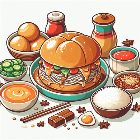 Illustration of Asian cuisine. Vector illustration of a hamburger.のイラスト素材
