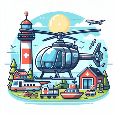 Helicopter on the background of the lighthouse and houses. Vector illustrationのイラスト素材