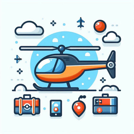 Helicopter flying over the clouds. Flat line design style vector illustration.のイラスト素材