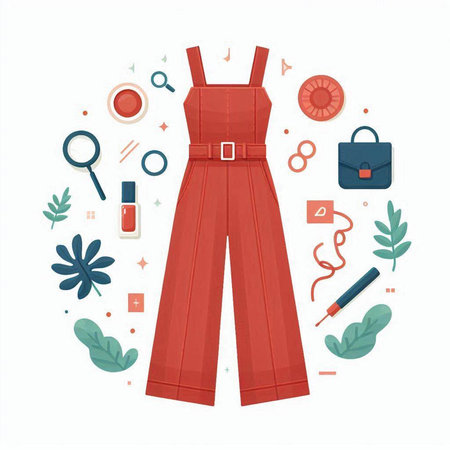 Women's red jumpsuit and accessories. Vector illustration in flat styleのイラスト素材