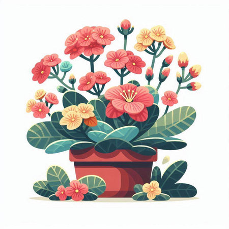 Flowerpot with pink and yellow flowers on white background. Vector illustration.のイラスト素材