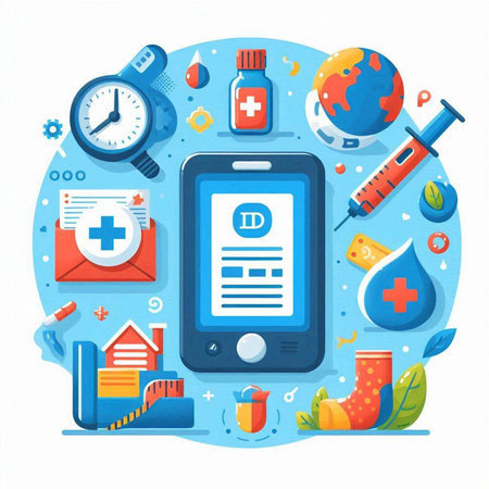 Smartphone with medical icons on blue background. Medical and healthcare concept. Vector illustrationのイラスト素材