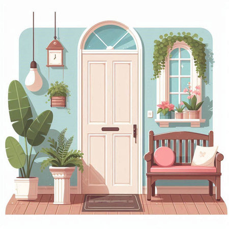 Vector illustration of the interior of the living room with a wooden door, chair and plants.のイラスト素材