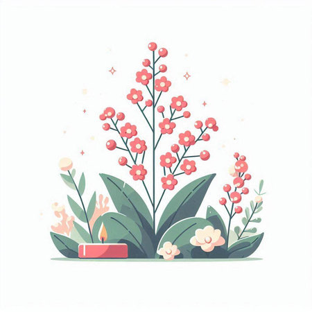 Flowers and candles in flat style. Floral vector illustration.のイラスト素材