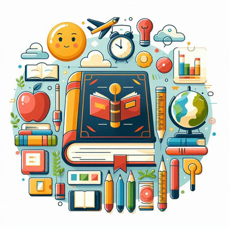School and education round concept with book, apple, globe, pencils, calculator, clock, books. Vector illustrationのイラスト素材