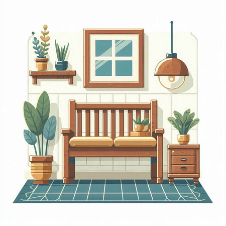 Interior of the living room with furniture and plants. Vector illustration.のイラスト素材