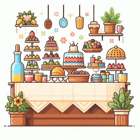 Colorful vector illustration of a buffet with sweets, fruit and cakesのイラスト素材