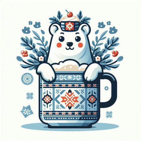 Cute polar bear in a mug with snowflakes. Vector illustration.のイラスト素材