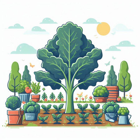 Vector illustration of a garden with a big tree in the foreground.のイラスト素材