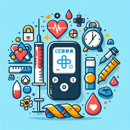Diabetes concept. Vector thin line icons set of blood glucose meter, syringe, test tube, blood drop, stopwatch, stopwatch, blood test, syringe.のイラスト素材