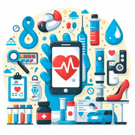 Smartphone with heart rate monitor and medical icons. Vector illustration.のイラスト素材
