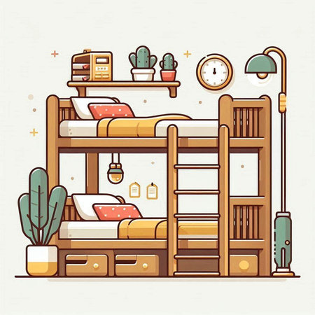 Bunk bed. Vector illustration in linear style. Bedroom interior.のイラスト素材