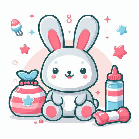 Cute cartoon bunny with milk bottle and candy. Vector illustration.のイラスト素材