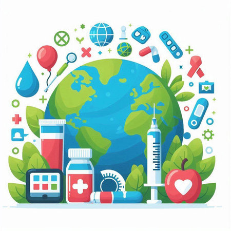 Medical and healthcare concept with earth globe, syringe, thermometer, pills and icons. Vector illustrationのイラスト素材
