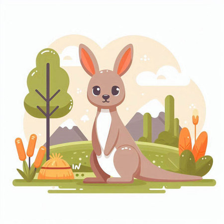 Cute kangaroo sitting on the grass. Vector illustration.のイラスト素材