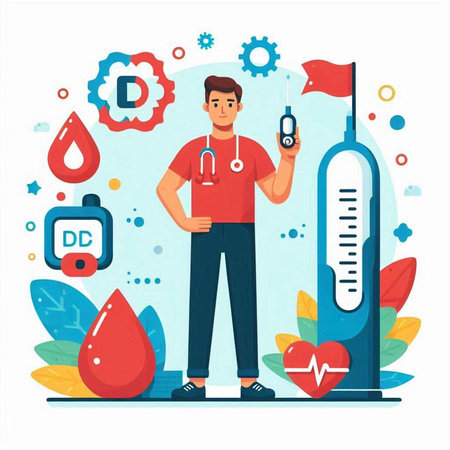 Blood donation concept. Flat vector illustration. Blood donation. Donor with a stethoscope.のイラスト素材