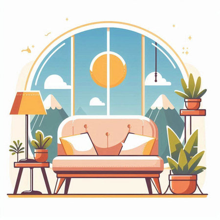 Living room interior with sofa, lamp and plants. Flat vector illustration.のイラスト素材