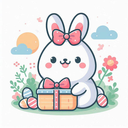 Cute white bunny with gift box and flowers. Vector illustration.のイラスト素材
