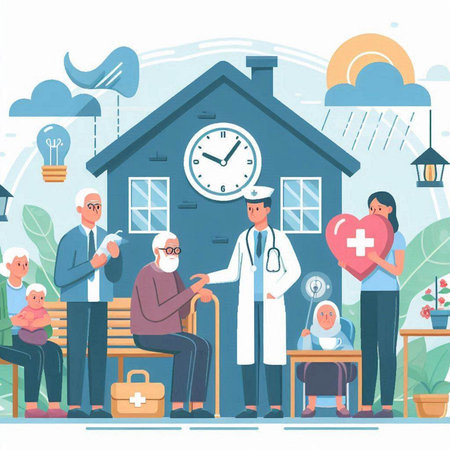 Elderly people at home flat vector illustration. Old man and woman sitting on bench and waiting for a doctor.のイラスト素材