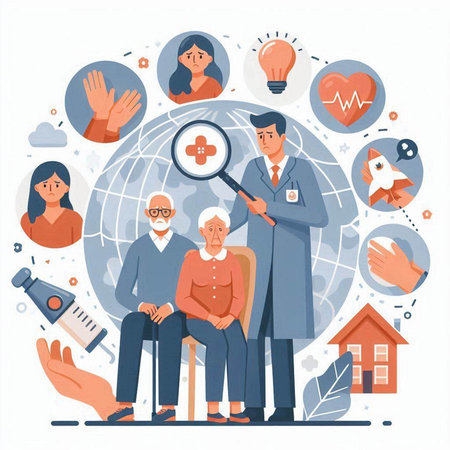 Elderly people with different health care and medicine. Vector illustrationのイラスト素材