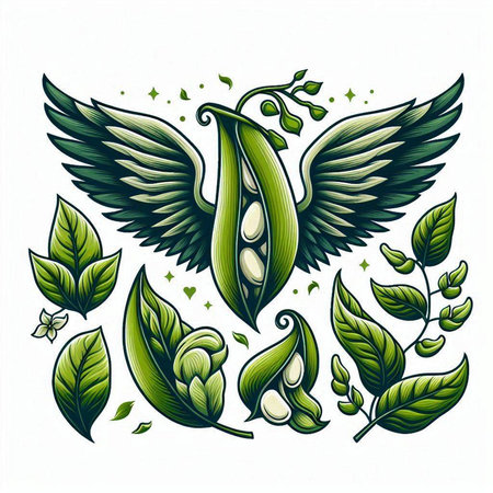 Vector hand drawn illustration of green pea pods with wings and leaves.のイラスト素材