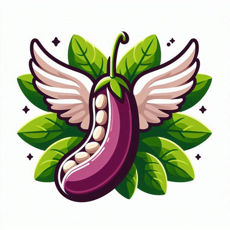 Illustration of purple eggplant with wings and green leaves on white backgroundのイラスト素材