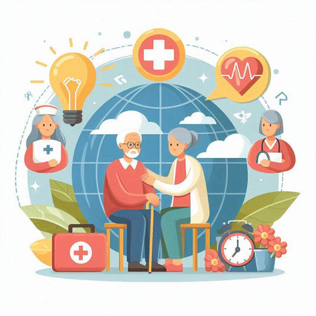Elderly people with health care and medicine flat vector illustration.のイラスト素材