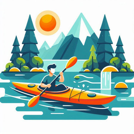 Man kayaking on the lake. Vector illustration in flat style.のイラスト素材