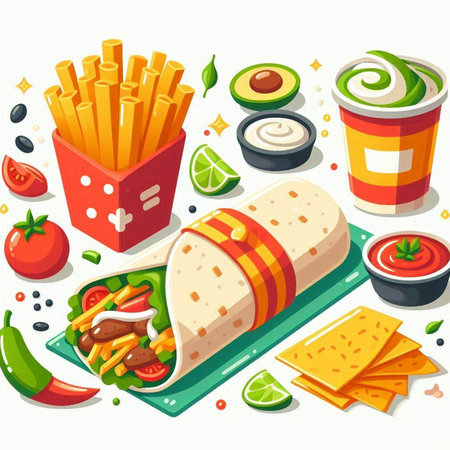 Mexican fast food set, tortilla, chips, nachos, salsa and guacamole. Vector illustrationのイラスト素材