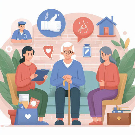 Elderly people sitting on sofa at home. Flat vector illustration.のイラスト素材