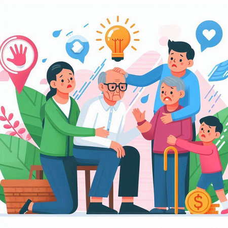 Elderly people sitting on bench and talking about life. Flat vector illustration.のイラスト素材