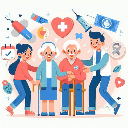 Healthcare and medicine concept. Elderly people, nurse, doctor, nurse, patient. Vector illustrationのイラスト素材