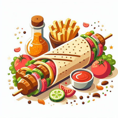 Doner kebab isometric composition with shish kebab ingredients vector illustrationのイラスト素材